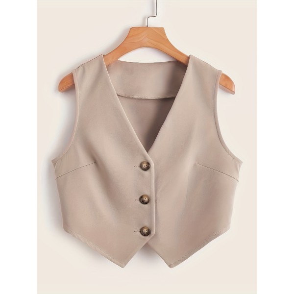 Button Front Sleeveless Vest, Elegant Solid V Neck Work Vest, Women's Clothing