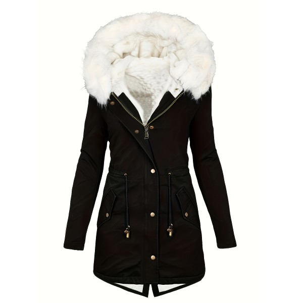 Faux Fur Hood Drawstring Parka Coat, Zip Up Button Front Pocket Thermal Overcoat, Women's Clothing