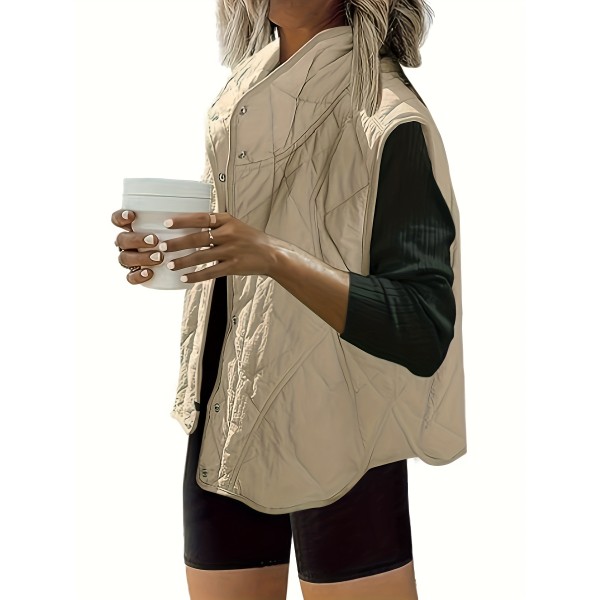 High Neck Solid Jacket, Sleeveless Casual Outwear For Spring & Fall, Women's Clothing
