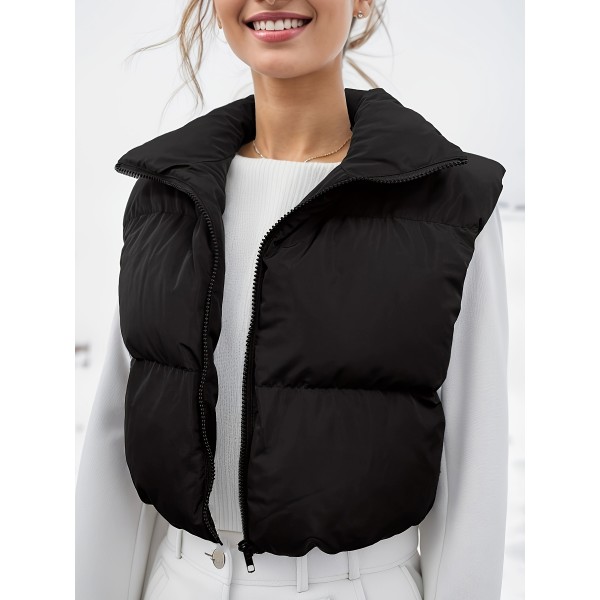 High Neck Zip Up Vest Coat, Casual Solid Sleeveless Outerwear, Women's Clothing