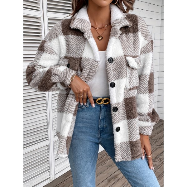 Plaid Fuzzy Fall & Winter Coat, Casual Button Front Long Sleeve Warm Outerwear, Women's Clothing