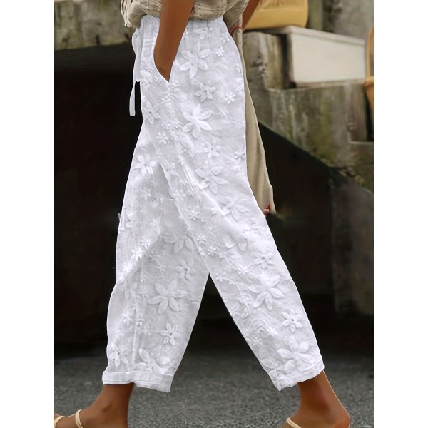 Applique Straight Leg Pants, Casual Fake Drawstring Pants For Spring & Summer, Women's Clothing