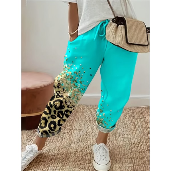 Leopard & Sequins Print Drawstring Pants, Casual Loose Pants For Spring & Fall, Women's Clothing