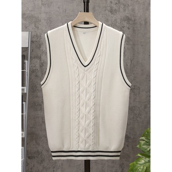 Casual Sleeveless V-Neck Sweaters, Men's Cable Knit Vest