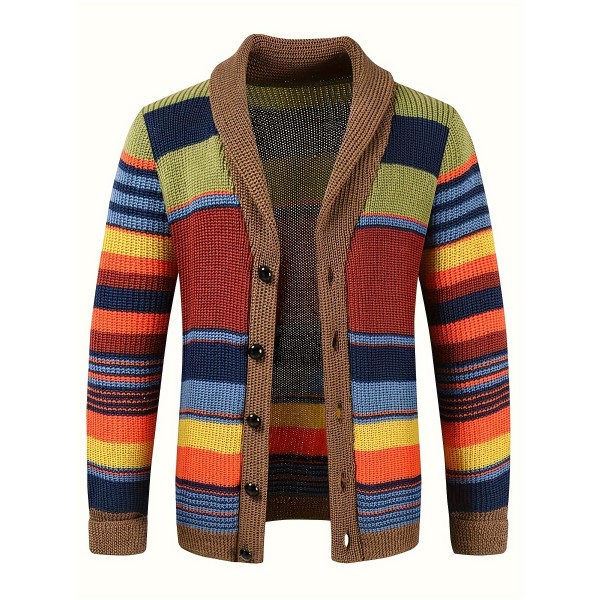 Elegant High Stretch Ethnic Retro Cardigan, Men's Casual Vintage Style V Neck Button Up Cardigan Sweater Coat For Fall Winter