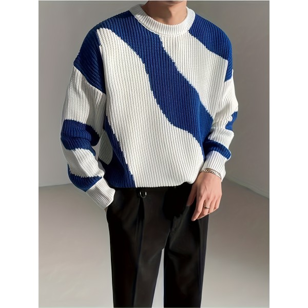 All Match Knitted Color Block Wave Pattern Cable Sweater, Men's Casual Warm Slightly Stretch Crew Neck Pullover Sweater For Men Fall Winter