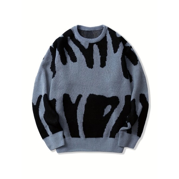 All Match Knitted Letter Print Sweater, Men's Casual Warm Slightly Stretch Crew Neck Pullover Sweater For Men Fall Winter