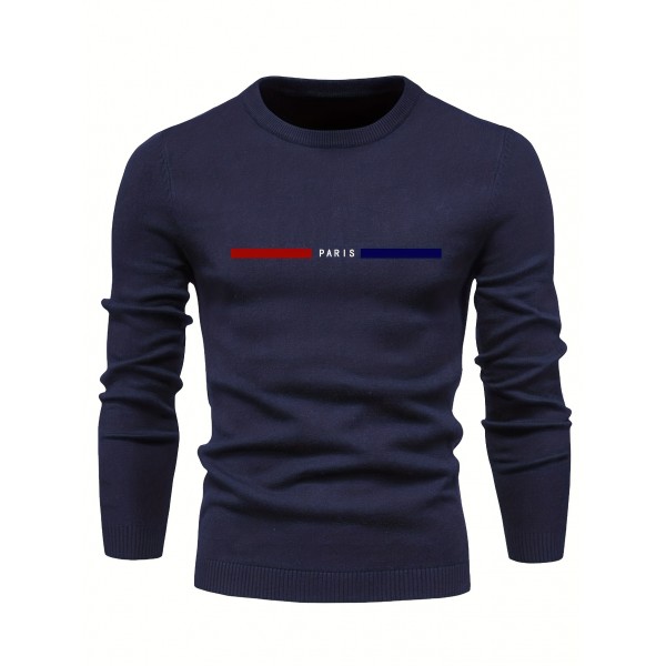All Match Knitted PARIS Pattern Sweater, Men's Casual Warm Mid Stretch Crew Neck Pullover Sweater For Men Fall Winter