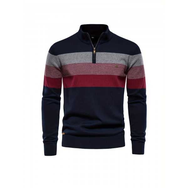 Cotton Knitted Color Block Sweater, Men's Casual Warm Slightly Stretch Half Zipper V Neck Pullover Sweater For Men Fall Winter