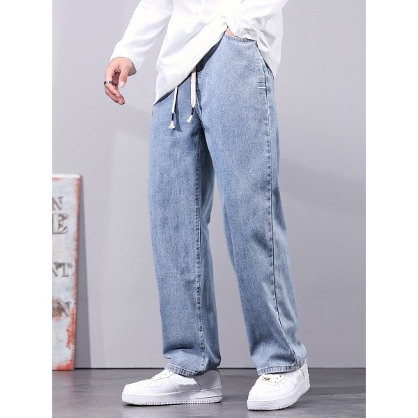 Classic Design Distressed Jeans, Men's Casual Drawstring Regular Fit Denim Pants For All Seasons