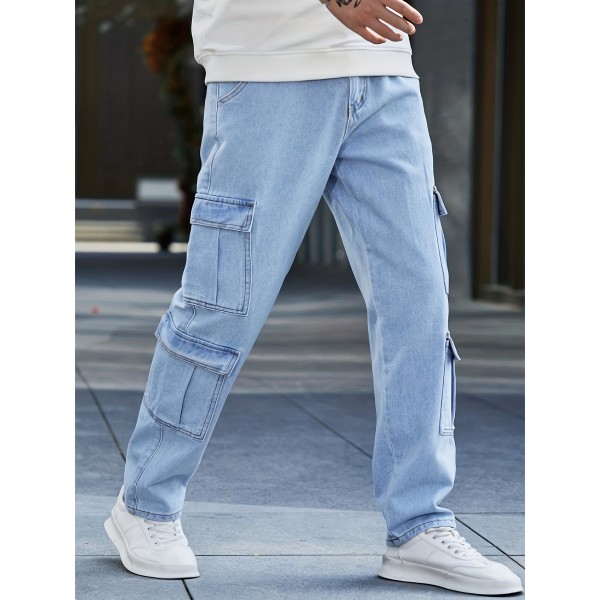 Flap Pocket Loose Fit Jeans, Men's Casual Street Style Denim Pants For All Seasons