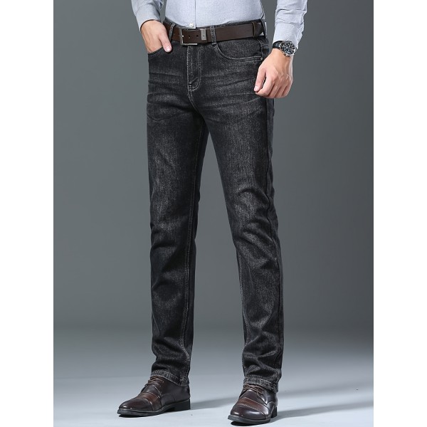 Classic Design Straight Leg Jeans For Business, Men's Semi-formal Stretch Denim Pants With Pockets For Fall Winter