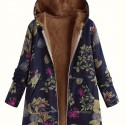 Floral Hooded Fall & Winter Jacket, Casual Open Front Long Sleeve Outerwear, Women's Clothing