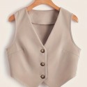 Button Front Sleeveless Vest, Elegant Solid V Neck Work Vest, Women's Clothing