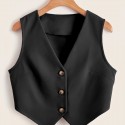 Button Front Sleeveless Vest, Elegant Solid V Neck Work Vest, Women's Clothing