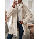 Solid Color Zipper Front Jacket, Casual Lapel Neck Long Sleeve Fuzzy Jacket For Winter, Women's Clothing