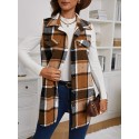 Plaid Print Sleeveless Vest, Casual Button Front Collar Vest, Women's Clothing