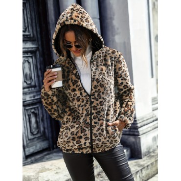 Leopard Pattern Zipper Hooded Teddy Coat, Versatile Long Sleeve Thermal Outwear For Fall & Winter, Women's Clothing