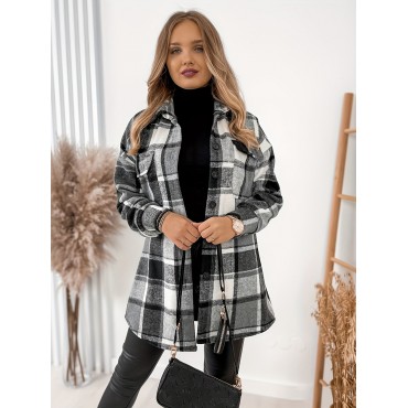 Plaid Print Shacket Jacket, Casual Button Front Long Sleeve Pocket Outerwear, Women's Clothing