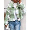 Plaid Pattern Button Front Teddy Coat, Versatile Long Sleeve Winter Thermal Outwear, Women's Clothing