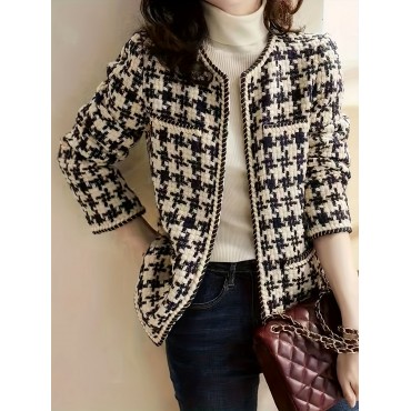 Plaid Pattern Jacket, Elegant Crew Neck Open Front Long Sleeve Outerwear, Women's Clothing