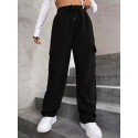 Solid High Waist Pants, Casual Drawstring Pants With Pockets, Women's Clothing