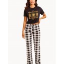 Plaid Pattern Drawstring Pants, Casual Wide Leg Pants, Women's Clothing