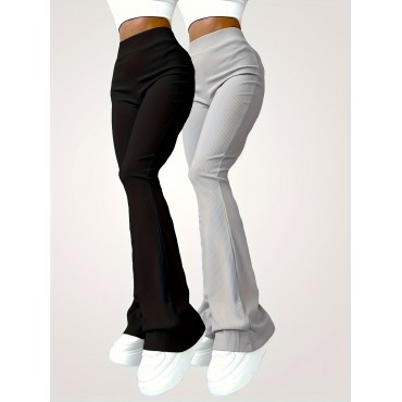 Solid Ribbed Flare Leg Pants 2 Pack, Casual High Waist Slim Elastic Pants, Women's Clothing