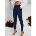 Black Skinny Cigarette Pants, High Waist Beltless Semi Stretch Pants, Elegant Bottoms For Work, Women's Clothing