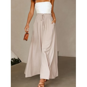 Women's Wide Leg Palazzo Pants, Flowy Ruffle Solid Pants, Women's Clothing