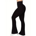 Crossover Waisted Flare Leg Pants, Mature Solid Slant Waist Solid Yoga Fashion Comfy Work Pants, Women's Clothing