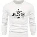 Jesus Saved My Life Print All Match Knitted Sweater, Men's Casual Warm Mid Stretch Crew Neck Pullover Sweater For Men Fall Winter