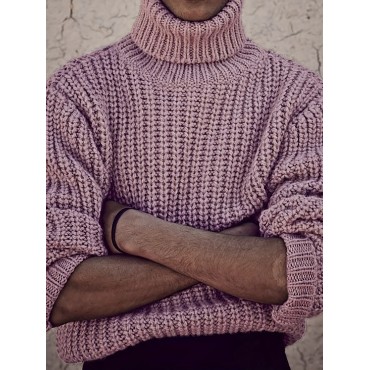 Turtle Neck Knitted Cable Sweater, Men's Casual Warm Solid Slightly Stretch Pullover Sweater For Fall Winter