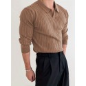 Solid Chic Knit Shirt, Men's Casual Lapel Slightly Stretch V-Neck Pullover Sweater For Autumn Winter