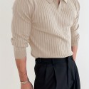 Solid Chic Knit Shirt, Men's Casual Lapel Slightly Stretch V-Neck Pullover Sweater For Autumn Winter