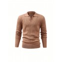 Solid Chic Knit Shirt, Men's Casual Lapel Slightly Stretch V-Neck Pullover Sweater For Autumn Winter