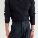 Solid Chic Knit Shirt, Men's Casual Lapel Slightly Stretch V-Neck Pullover Sweater For Autumn Winter