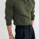 Solid Chic Knit Shirt, Men's Casual Lapel Slightly Stretch V-Neck Pullover Sweater For Autumn Winter