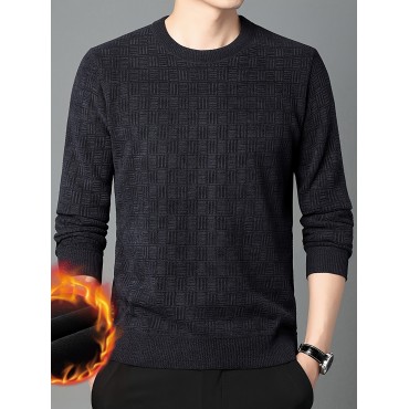 Thermal Knitted Cable Jacquard  Sweater, Men's Casual Warm Slightly Stretch Crew Neck Pullover Sweater For Men Fall Winter