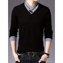 All Match Knitted Slim Sweater, Men's Casual Warm Slightly Stretch Shawl Collar Pullover Sweater For Men Fall Winter