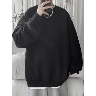 Men's Stylish Solid Knitted Pullover, Casual Breathable Long Sleeve Crew Neck Top For City Walk Street Hanging Outdoor Activities