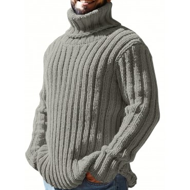 Turtle Neck Knitted Cable Sweater, Men's Casual Warm Solid Color Middle Stretch Pullover Sweater For Fall Winter