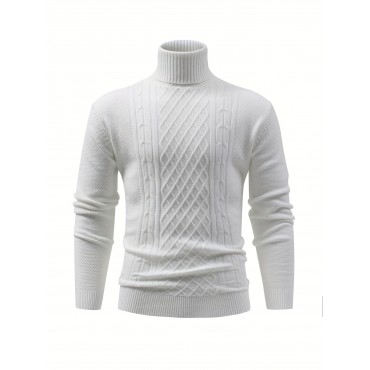 Turtle Neck Knitted Cable Sweater, Men's Casual Warm Solid High Stretch Pullover Sweater For Fall Winter