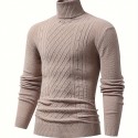 Turtle Neck Knitted Cable Sweater, Men's Casual Warm Solid High Stretch Pullover Sweater For Fall Winter