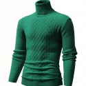 Turtle Neck Knitted Cable Sweater, Men's Casual Warm Solid High Stretch Pullover Sweater For Fall Winter