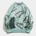 Cartoon Dinosaur Pattern Knitted Sweater, Men's Casual Warm Slightly Stretch Crew Neck Pullover Sweater For Men Fall Winter