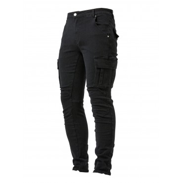 Slim Fit Cargo Jeans, Men's Casual Street Style Multi Pocket High Stretch Denim Pants For Spring Summer