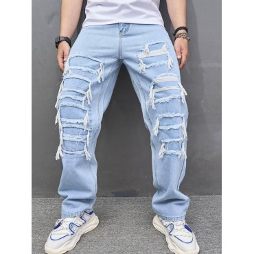 Men's Straight Leg Jeans, Casual Street Style Raw Trim Denim Pants With Pockets