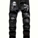 Men's Halloween Patchwork Jeans, Casual Street Style Medium Stretch Denim Pants