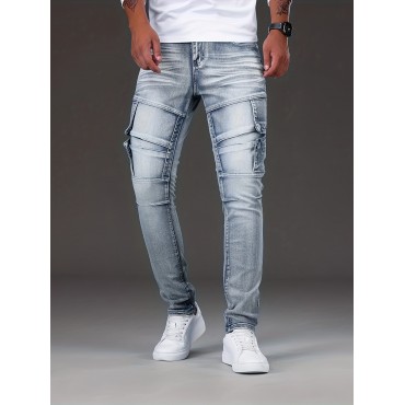 Slim Fit Biker Jeans, Men's Casual Street Style Distressed Medium Stretch Denim Pants